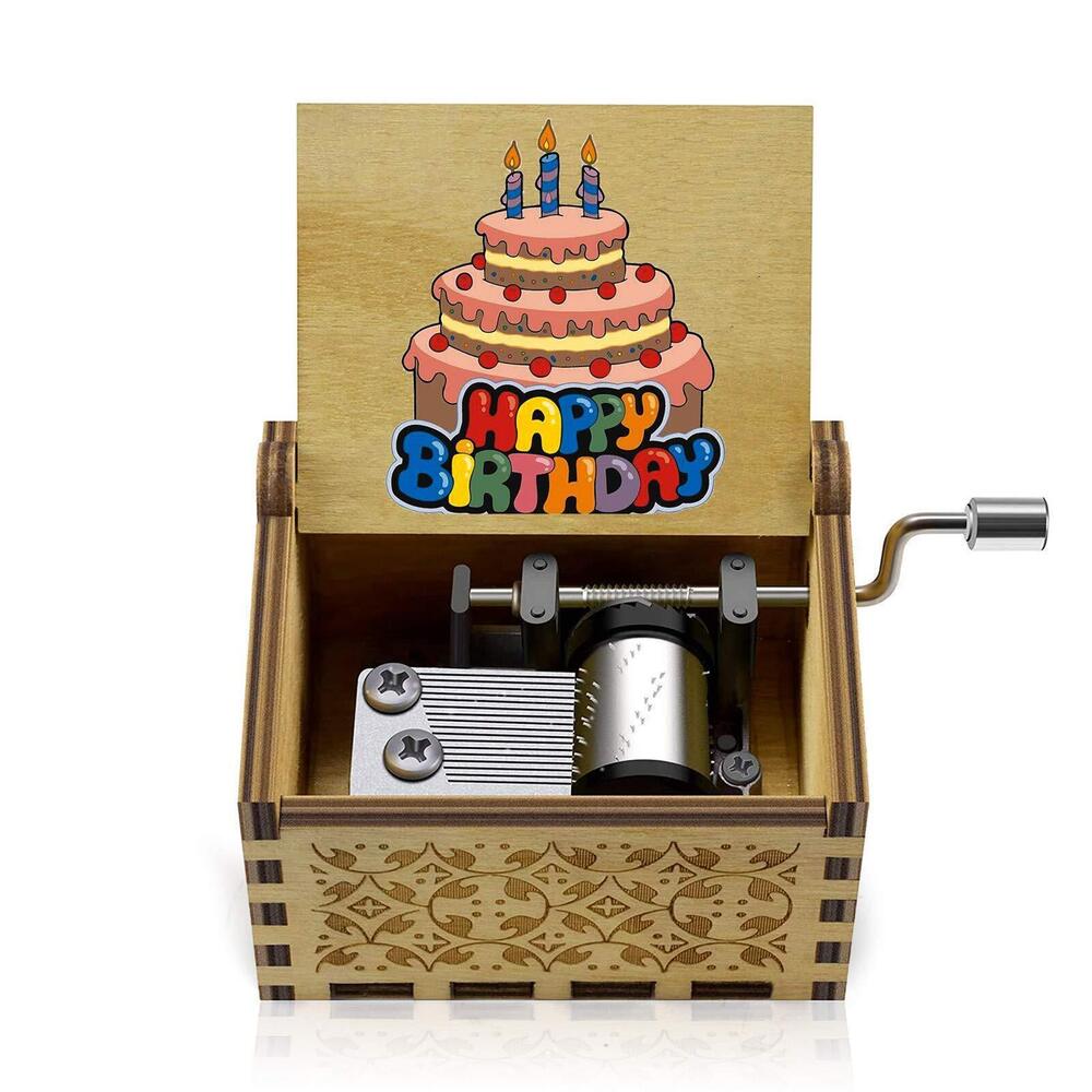1567 Happy Birthday Wooden Mini Colorful Music Box Hand Crank Wood Vintage